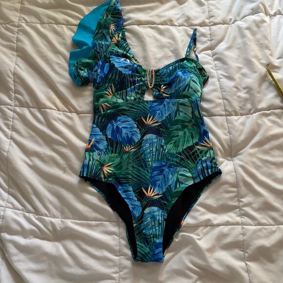 Tropical One-Shoulder Cutout Swimsuit – Palm Leaf Print with Ruffle Strap M - Picture 13 of 13